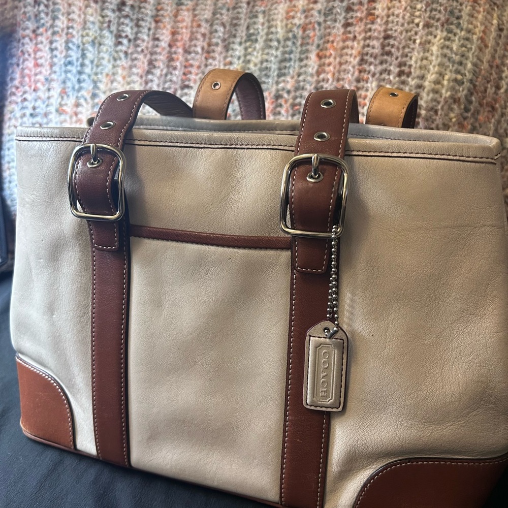 Coach Cream and Brown Leather Buckle Strap Tote Hamilton bag